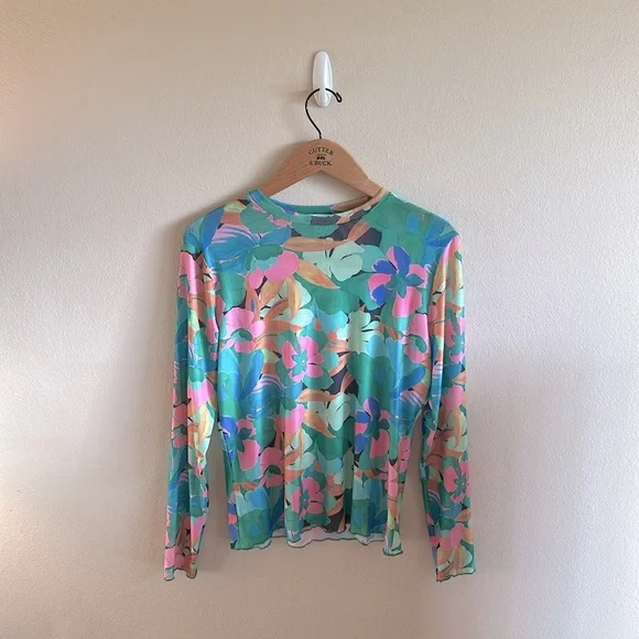 Davi & Dani Anica Floral Mesh Long Sleeve Top Green Womens Size Medium - Picture 4 of 13
